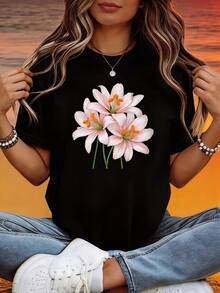 Women's Summer T-Shirt, Casual, Short Sleeve, With Pink Lily Design, Suitable For Casual And Themed Events, Stretch Fabric | Women's Summer Tops | Lightweight Summer Clothing - 黑色 - 查看 12