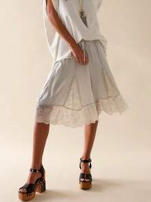 Women's Knee Length Shorts Casual Stylish Lace Patchwork Drawstring Mid Rise Shorts for Summer - Blanco - Ver 3