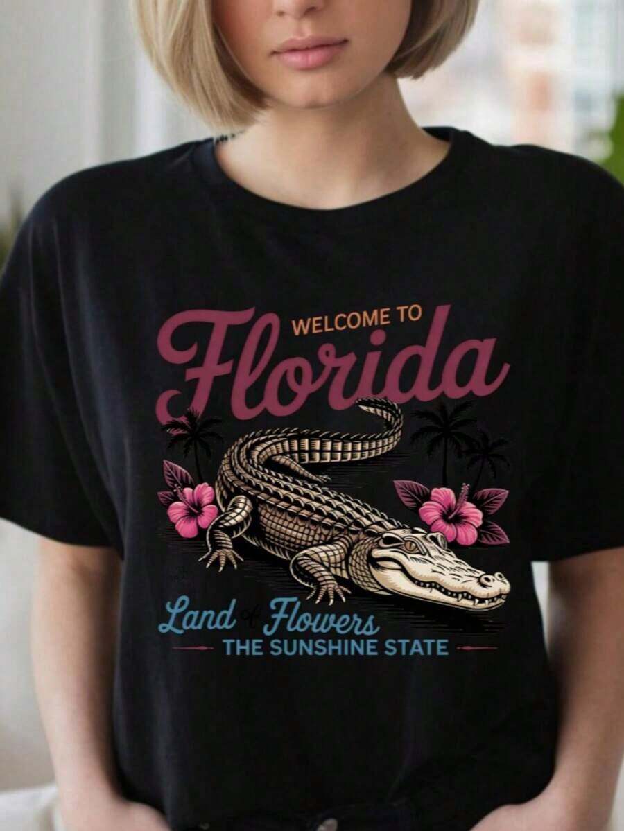 Florida T-Shirt, Florida T-Shirt, Aesthetic Graphic T-Shirt, Sunshine State Florida T-Shirt, Summer T-Shirt Gift, Women's Oversized Summer T-Shirts, Women's Dresses 9ZVK - 藍色 - 查看 1