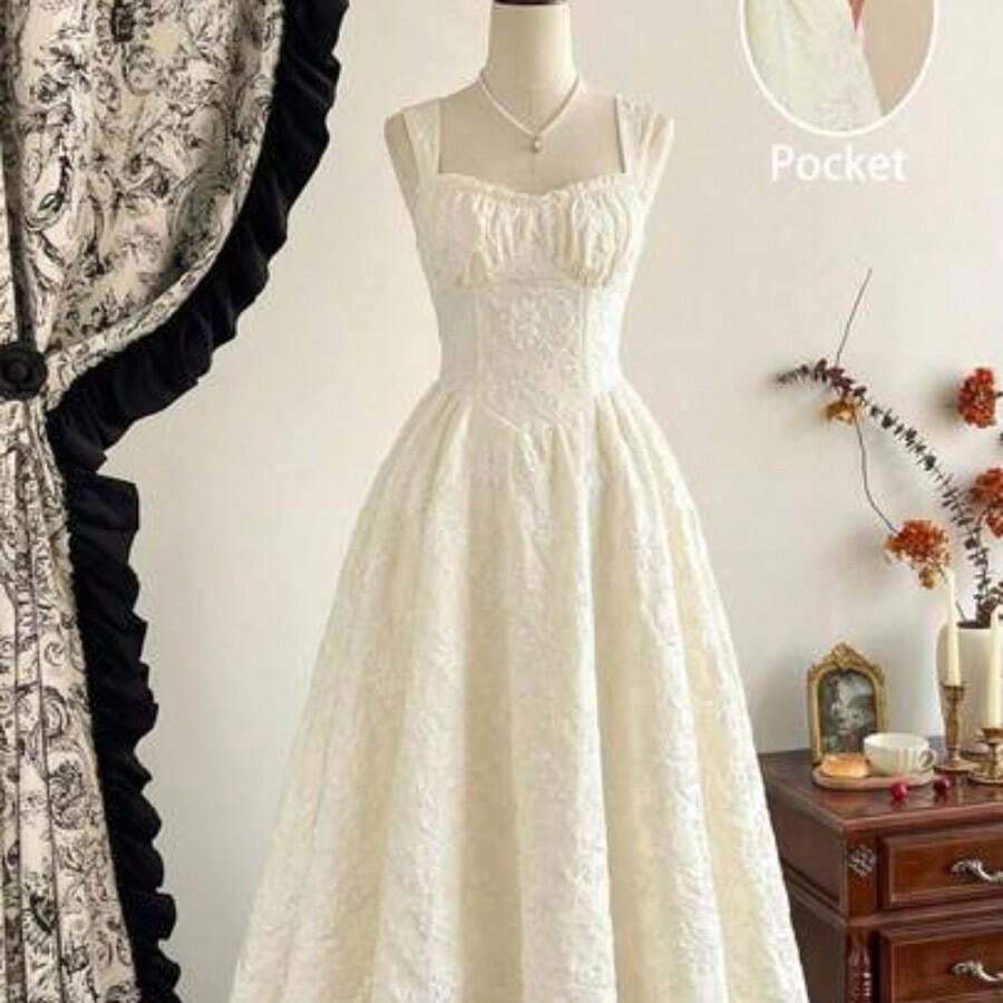 Vestido elegante vintage de mujer con bolsillos, vestido con corpiño, dobladillo con volantes florales, vestido casual de vacaciones y fiestas, vestido de invierno, ropa de invierno para mujer, vestido de invierno para mujer, conjunto de verano para mujer, conjunto de Navidad para mujer, vestido de Navidad, vestido de fiesta de Navidad, vestido de Año Nuevo, vestidos de Año Nuevo para mujer, conjunto de Año Nuevo para mujer, ropa de Año Nuevo, vestidos elegantes para fiestas, vestidos - Beis - Ver 1