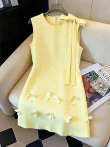 MEXGlowEve Vestido sin mangas con diseño de pétalos florales elegante francés, vestido blanco de mujer con lazo y diseño de flores 3D para primavera/verano, adecuado para salidas diarias, citas, fiestas, graduación, vacacionesMEX EOGA - Amarillo claro - Ver 1