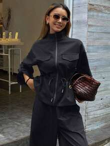 Conjunto de 2 piezas de top holgado con cuello alto y cintura ceñida y pantalones casuales, conjunto de ropa de estar en casa para mujer en otoño/invierno - Azul marino - Ver 6