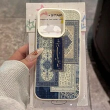 1个TPU材质复古海军蓝异域花卉阿拉伯文字拼接图案手机壳，兼容 17 Pro Max/17/16 Pro Max/15/13/12/11、S20 FE/A15/S24/A55、Note 11/12/13 Pro，全包防震软保护套 - 白色 - 查看 2