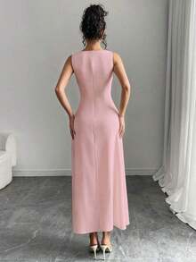 MEXChiquease Vestido elegante de mujer de unicolor con cuello en V, abertura alta y sin mangas, vestido de noche formal, vestido largo sexy, Día de San ValentínMEX GGVP - Rosa - Ver 2