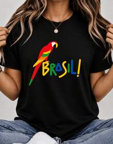 Brazil Tropical Macaw Women's Oversized T-Shirt, Brazil World Cup Shirt, Casual Streetwear T-Shirt, Fashionable Brazilian Style, Beachwear, Summer, 100% Premium Cotton, Unisex - 黑色 - 查看 1
