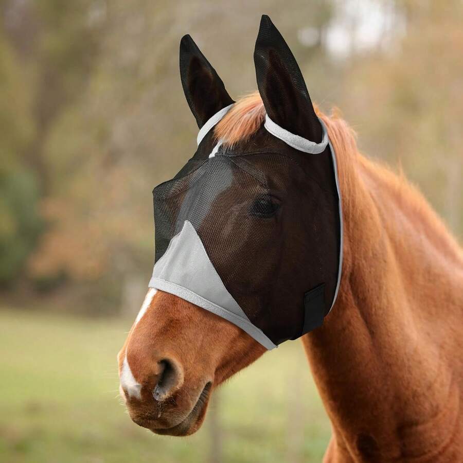 Adjustable Horse Ear Fly Mask Anti-UV Breathable Comfortable Eye Cover For Daily Stable Hot Weather Use - Grey - View 1