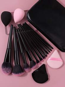 17 piezas Juego de brochas de maquillaje profesional con bolsa, borlas de polvo y 2 esponjas de belleza, kit todo en uno, conjunto completo para maquillaje de rostro completo y ojos - Negro - Ver 4