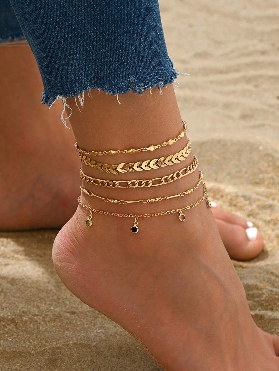 Set de 5 piezas de tobillera multicapa con cadena dorada, borla de cristal de colores, diseño minimalista y lujoso, versátil para playa y resort, accesorios de joyería de alta gama para mujeres. El color y la disposición de los cristales de colores son aleatorios y no fijos. - Multicolor - Ver 1