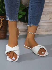 Women's Fashion Foldable Soft Leather Flat Pleated Slide Sandals, Versatile Slip-On Flat Square Toe Summer Sandals - 黑色 - 查看 11