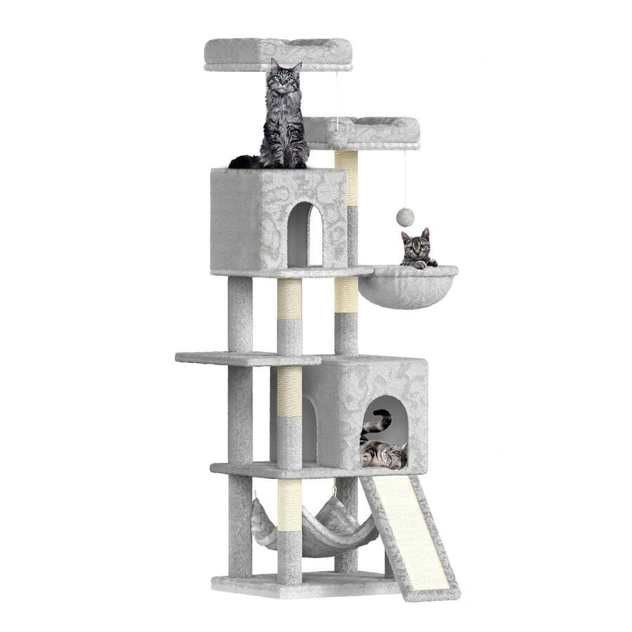 DOGAT Tiragraffi Premium da 158 cm con 2 tane per gatti, amache, rampa di arrampicata e 7 pali in sisal – Robusto albero da arrampicata con giocattoli per gattini e gatti adulti, robusto mobile per gatti - Grigio Chiaro - Visualizzare 1