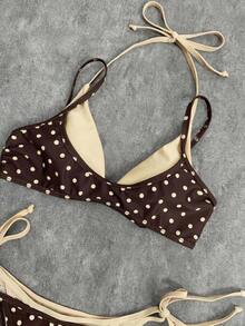 Conjunto de traje de baño para mujer 2026, parte superior de bikini con estampado de lunares y contraste de color tipo halter sexy con espalda descubierta, y Bottom tipo tanga, adecuado para el Día de San Valentín, la playa, resort, vacaciones al aire libre en verano - caqui claro - Ver 9