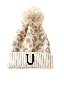 1 chiếc mũ len beanie nữ họa tiết da báo chữ A-Z thời trang, mũ len dệt dày lông xù phong cách casual cho mùa thu đông - Nhiều màu - Xem 18