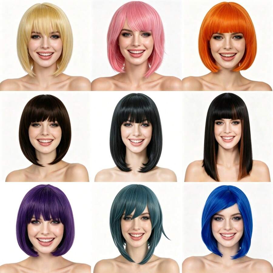 12 Inch Short Bob Wig, Straight Bangs, Heat-Resistant Synthetic Fiber Hair, Suitable For Women's Daily Natural Styling Parties, Summer Music Festivals, Y2K Style Role-Playing Costumes And Accessories, Halloween Gifts - Multicolor - View 1