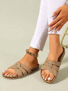 Ximi Ruo Sandal Datar Kasual Modis Wanita dengan Desain Gesper, Cocok untuk Pemakaian Sehari-hari, Pantai, Rumah, Perjalanan, Belanja, dan Bepergian - Aprikot - View 2