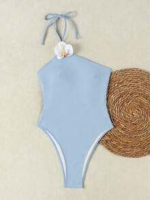 de baño de una pieza con un hombro azul para mujer, con decoración floral 3D, traje de baño y ajustado para vacaciones en la playa - Negro - Ver 8
