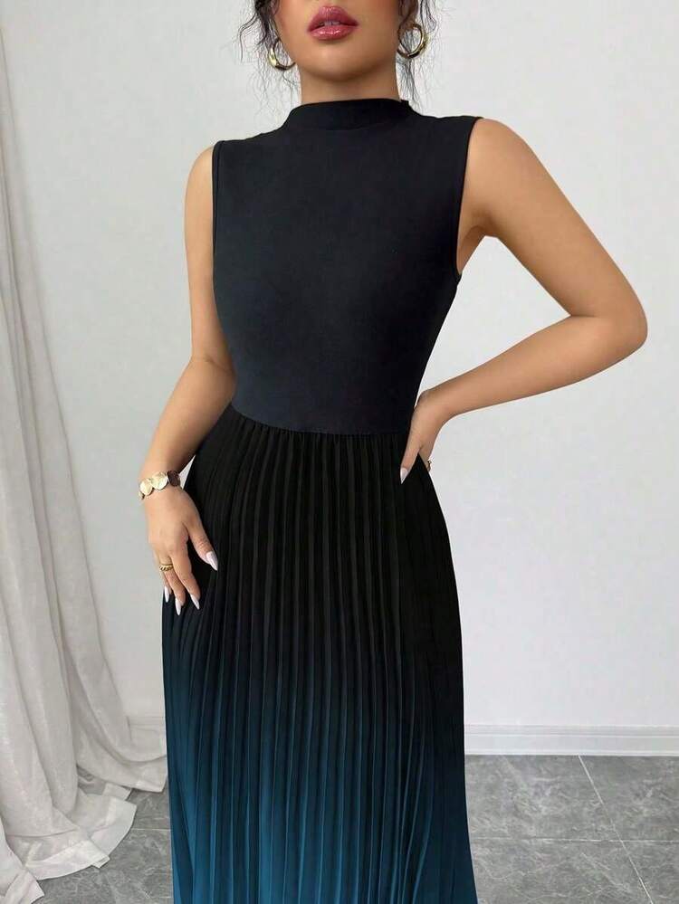 Vestido plisado con degradado y parches para mujer, elegante y casual, sin mangas, de color negro - Azul cadete - Añade 3