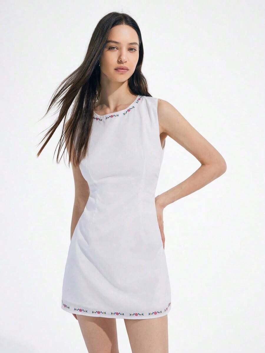 MEXChiquease Vestido corto para mujer de estilo campestre francés elegante y minimalista con cuello redondo, sin mangas, con bordado floral y cintura marcadaMEX QD0U - Blanco - Ver 1