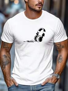 Men's Plus Size T-Shirt, Comfortable And Versatile, Relaxed And Casual, Men's T-Shirt With Headphones And Music Print, Short Sleeve Round Neck Summer T-Shirt. - 白色 - 查看 6
