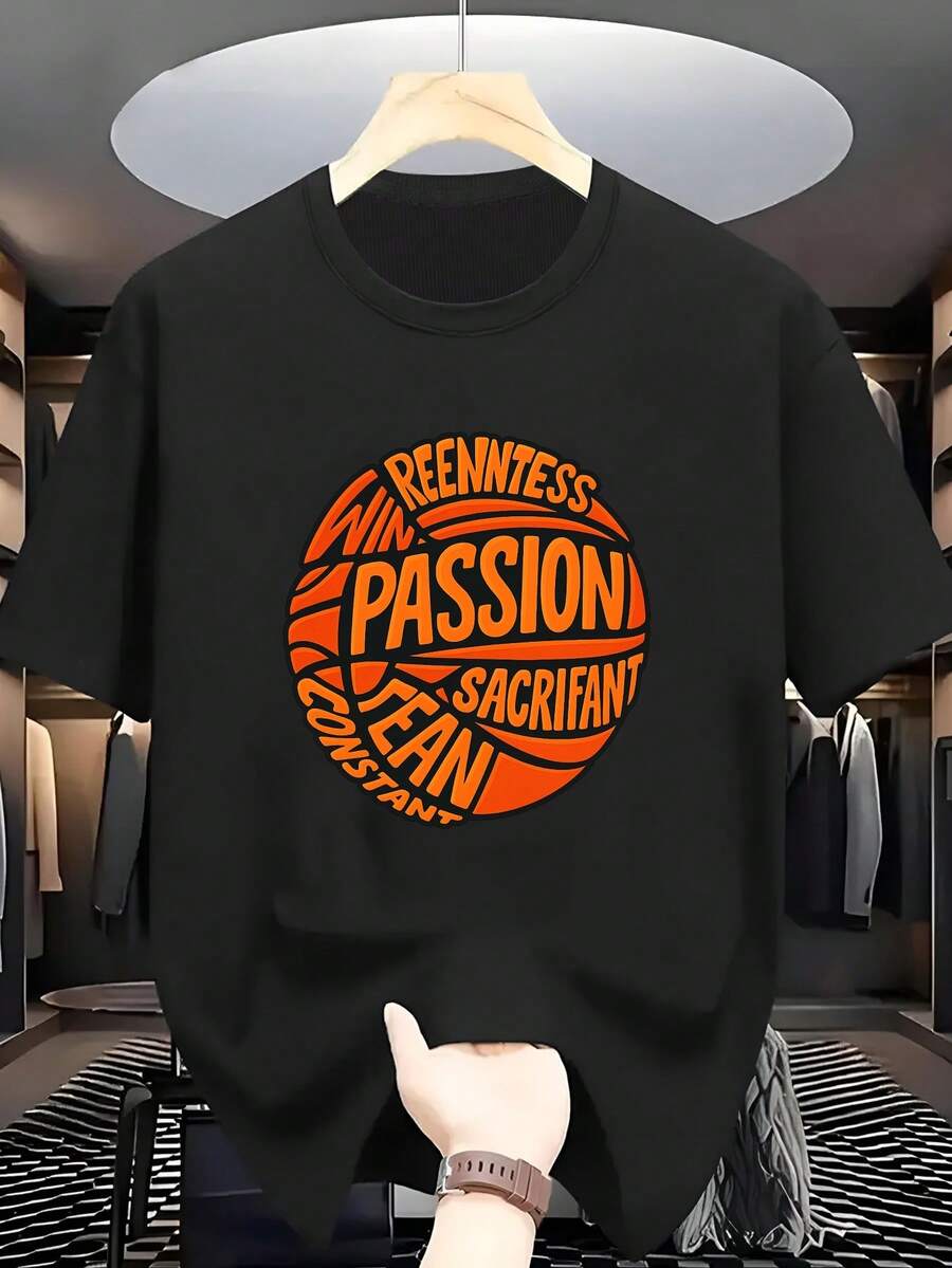 Men's Plus-Size 100% Cotton Basketball Print T-Shirt With A Circular Design, Short Sleeves, And The Print "REENNTE WIN PAION ACRIFANT JEAN CONTANT". Comfortable And Casual Short-Sleeved T-Shirt For Summer. Minimalist INS Style Lettering Print / Sports Pattern Collection With Religious-Style Lettering / Loose Fit And Soft To The Touch / Ideal Gift Option - 黑色 - 查看 1