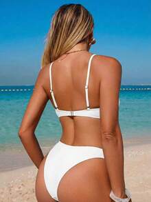 Women's Solid Color Halter Bikini Set, Sexy Triangle Bottoms With Adjustable Straps, Summer Swimwear Vacation Beach White - White - View 2