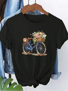 Summer Tops Y2K Women's T-Shirt, Short-Sleeved Crew Neck Sweater Top, Casual Style, 100% Cotton, Women's Clothing, Women's Sweater, Machine Washable, Moisture-Wicking, Breathable, Regular Fit - 黑色 - 查看 7