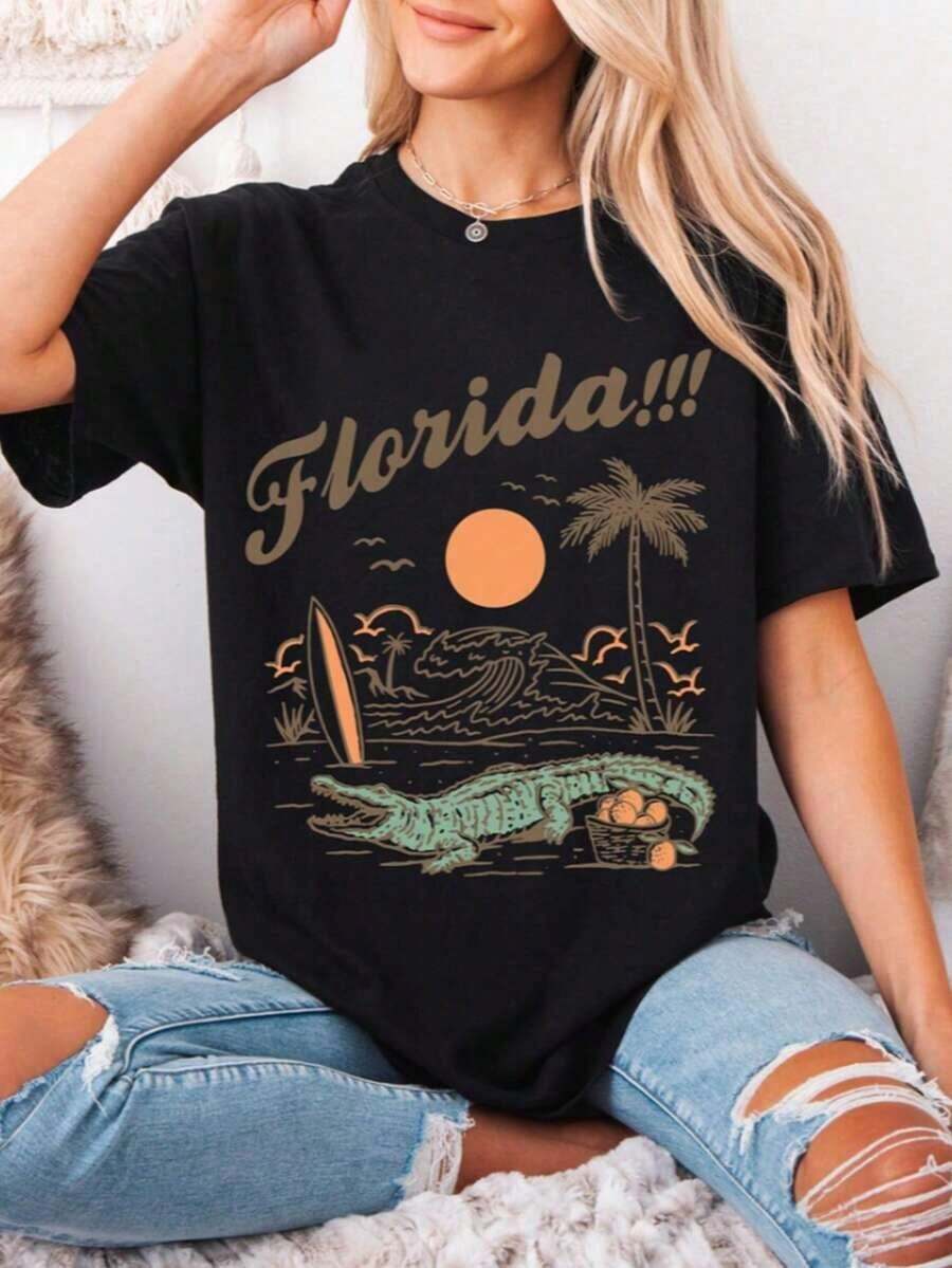 Florida T-Shirt, Florida T-Shirt, Aesthetic Graphic T-Shirt, Sunshine State Florida T-Shirt, Summer T-Shirt Gift, Women's Oversized Summer T-Shirts, Women's Dresses 9ZVK - 黑色 - 查看 1