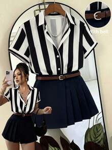 Set de 2 piezas: Camisa de rayas casual de verano y falda plisada - Blanco y Negro - Ver 12