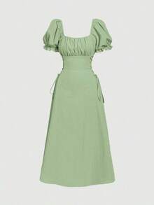MOD Women's Short Sleeve Square Neck Ruched Bust Floral Print Mid-Length Dress - 綠色 - 查看 4