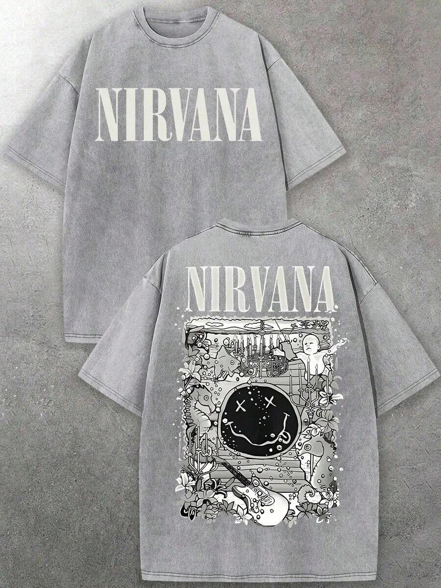 Camiseta de manga corta con cuello redondo y estampado gráfico decorativo de Nirvanas para hombre| Tela Lavada Suave| Conjuntos Casuales de Estilo Grunge Rock| Camiseta Gráfica para Hombre, Moda Urbana - Blanco - Ver 1