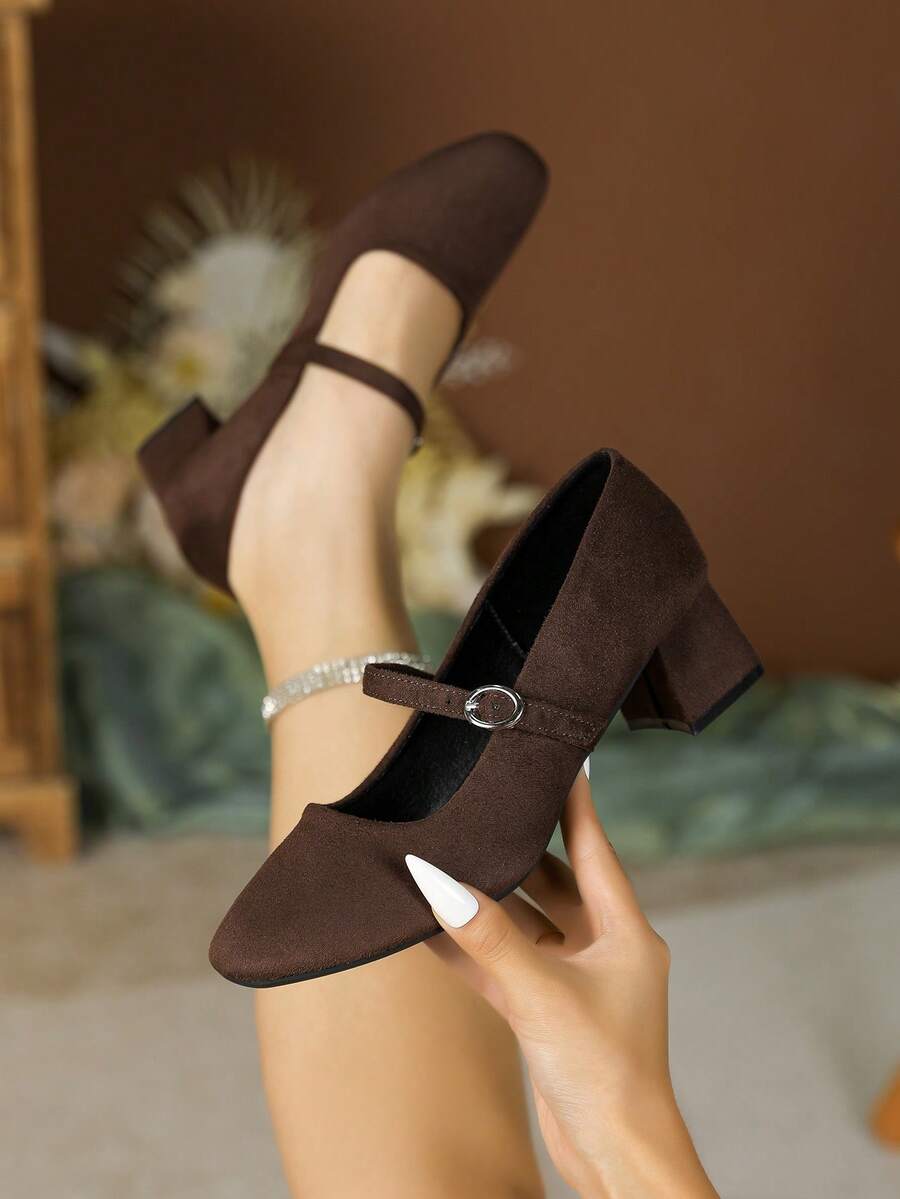 2026 New Black Velvet Square Toe Chunky Heel Mary Jane Shoes, Single Strap Commuter Style, Non-Slip, Versatile For Multiple Occasions - Brown - View 1