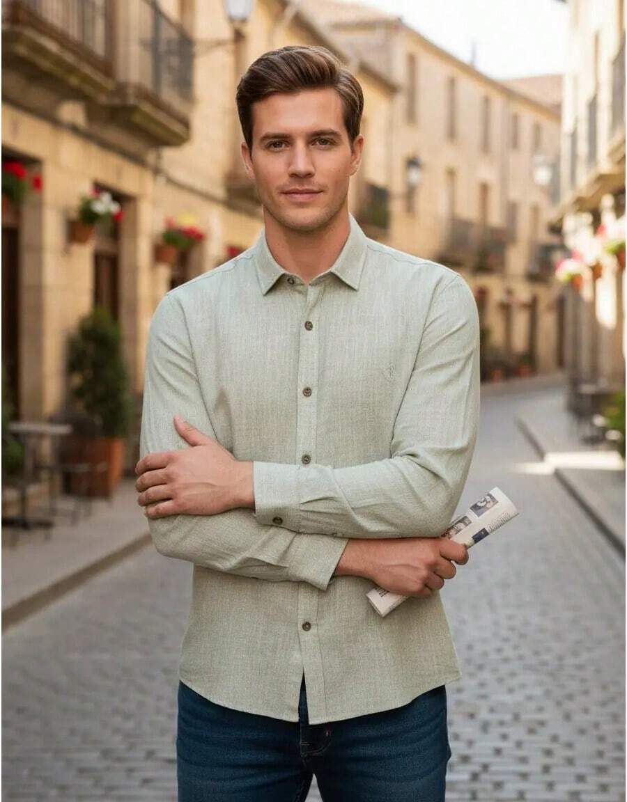 Shirt In 100% Cotton Flamed Fabric With A Linen-Like Look. Fine Fabric. - Beige - View 1