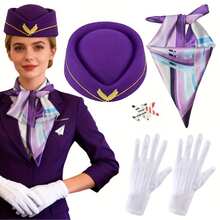1/6/5件組女士復古空服員服裝－復古航空制服，適合角色扮演、主題派對，含帽子、圍巾、胸針、手套－歷史航空服裝，適合歷史活動、攝影與派對 - 彩色 - 查看 4