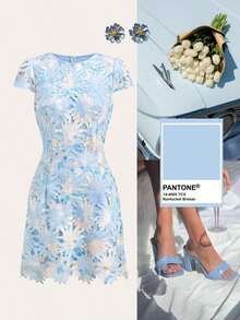 Vestido romántico de manga corta con estampado floral diminuto y bajo asimétrico de encaje para mujer - Celeste - Ver 9