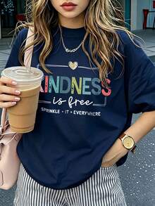 Women's Loose Casual Round Neck Inspirational Slogan Print T-Shirt, Daily Wear Summer - Navy Blue - View 1
