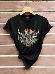 Women's Casual Sports T-Shirt - Black Short Sleeve T-Shirt With Colorful Skull Design, Elastic And Round Neck, Machine Washable, Comfortable Fit For All Seasons, For Casual Wear. - 黑色 - 查看 6