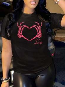 Regalo para el Día de la Madre para Mujeres, Camiseta con Estampado Gráfico para el Día de San Valentín, Camiseta de Cuello Redondo, Top Casual de Manga Corta para Primavera y Verano, Ropa de Mujer, Camiseta Holgada y Cómoda, Conjuntos de Verano para Mujeres - Negro - Ver 7