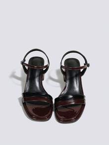 Women's Brown Patent Leather Colorblock Buckle Chunky Heel Block Heel Single Strap Square Heel Fashionable Versatile Commute Elegant Style High Heel Sandals - Brown - View 2