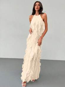 Vestido elegante sin espalda con volantes y capas, estilo de diosa grácil, adecuado para vacaciones, primavera/verano - amarillo ganso - Ver 4