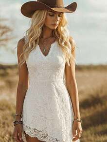MEXEMERY ROSE Vestido midi elegante y ajustado con encaje, estilo bohemio de vacaciones y festival occidental para mujeresMEX WMC8 - Blanco - Ver 6