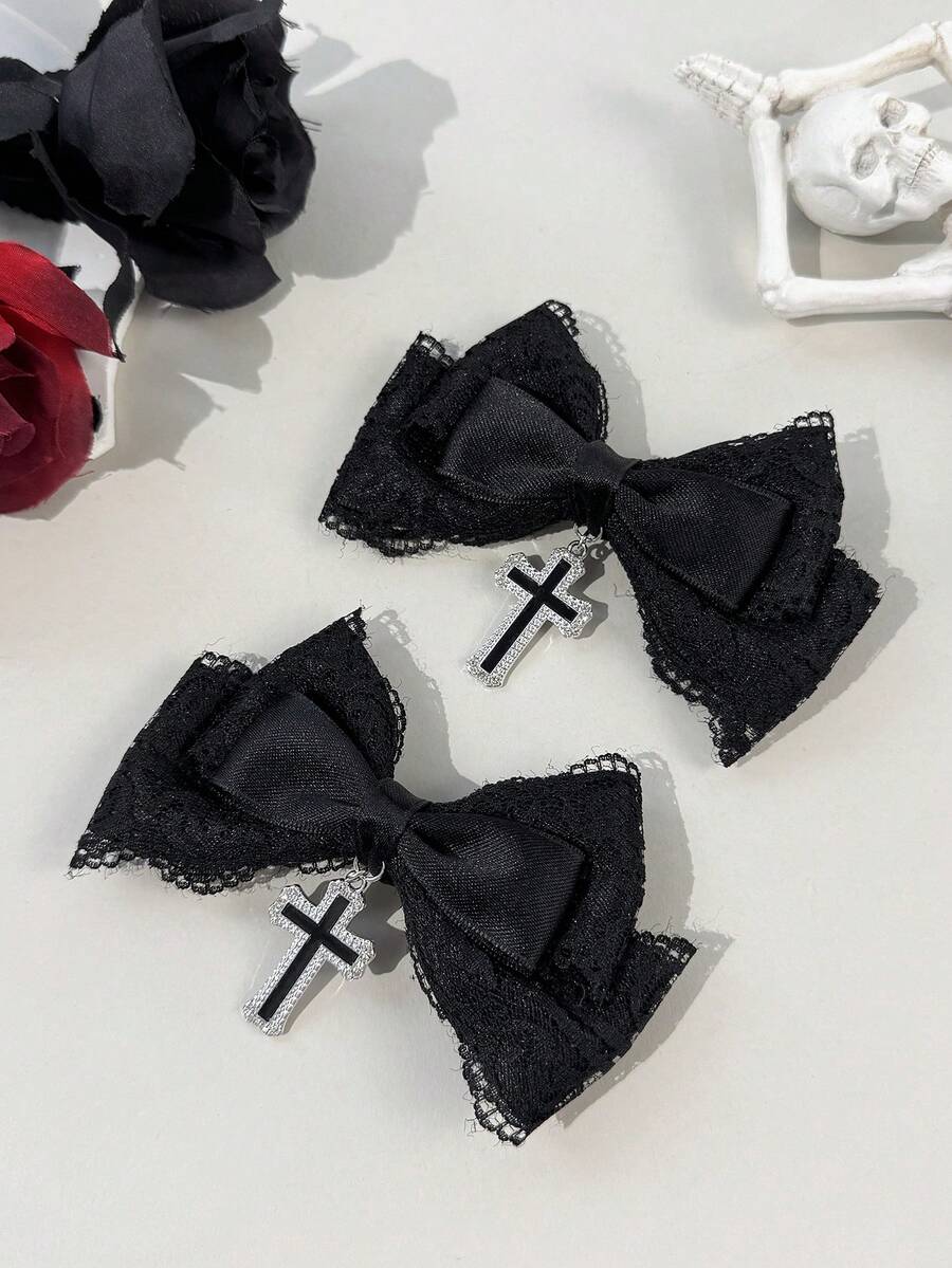 2件組哥德風蕾絲緞帶深色十字鏈髮夾配件,適合節日穿搭與日常佩戴,哥德時尚愛好者適用,髮夾、髮爪 - 黑色 - 查看 1