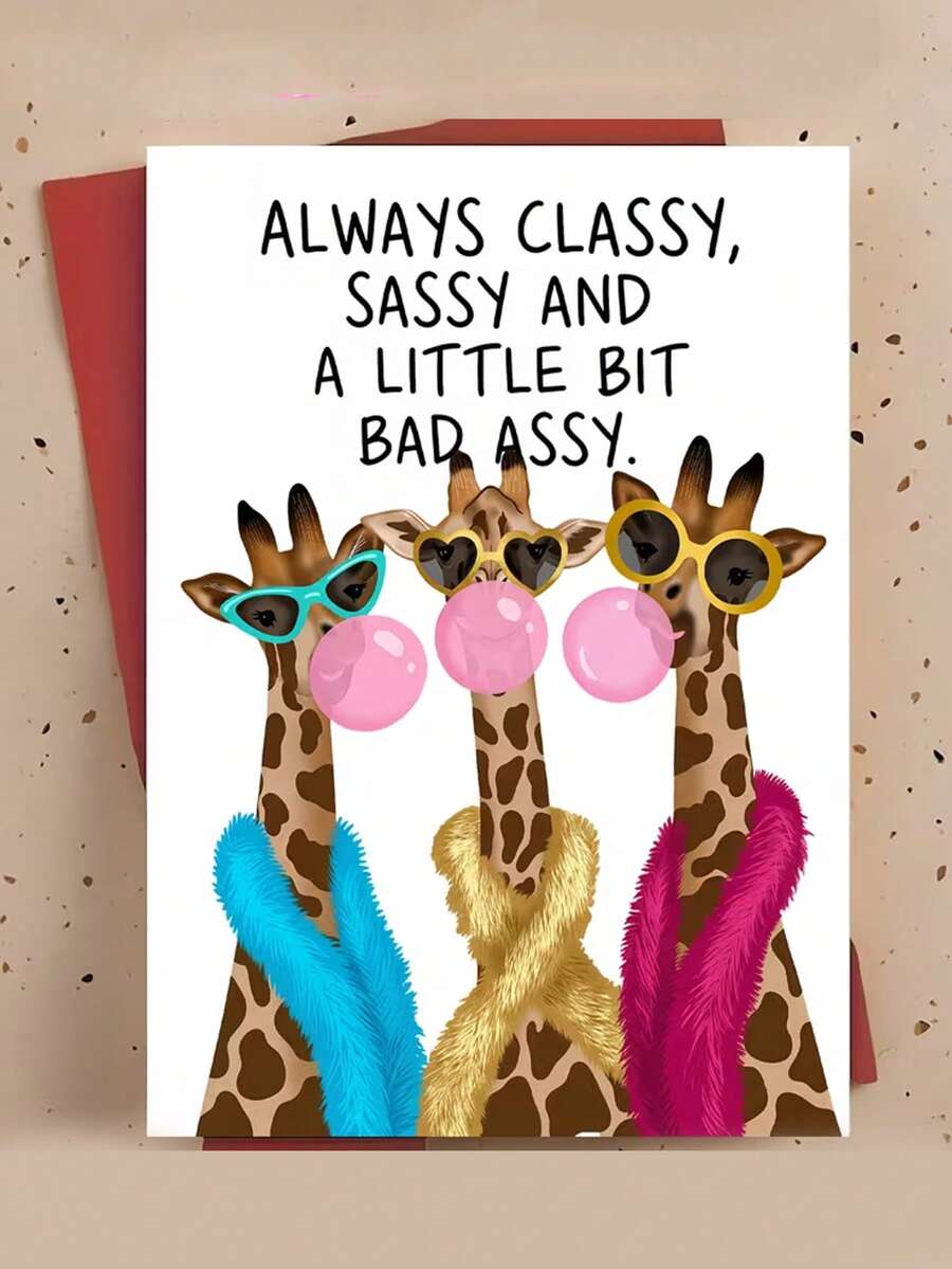 2 Sets Of Fun Greeting Cards, Fashionable Giraffe Cartoon Illustration, Including Greeting Cards And Envelopes. Suitable For Theme Parties, Birthday Gifts, Daily Gifts Between Friends, Class Reunions, For Best Friends, Sisters Or Female Friends - One Size Fits All - View 1