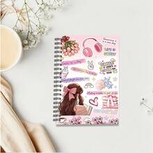 1 pieza Cuaderno A5, Cubierta de diario de espiral con ilustración de pegatinas rosas femeninas y lema motivacional, adecuado para volver a la escuela, toma de notas diaria - A5 - Ver 4