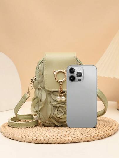 1pc Mini Floral Phone Crossbody Bag, Cute Green 3D Rose Flower Mini Bag With Cat Ear Hardware & Pearl Tassel, Small Versatile Shoulder Purse, Adjustable Strap Cell Phone Pouch For Women Girls, Lightweight Compact Zipper Closure Mini Crossbody Bag, Sweet Aesthetic Mini Purse For Daily Casual Dating Party Travel Beach