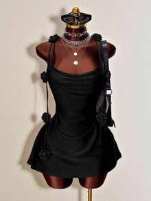 MSMistrie Vestido rojo romántico de fiesta con cuello halter, minifalda ajustado con decoración de rosas 3D, diseño con espalda abierta y fruncido, ve - Negro - Ver 3