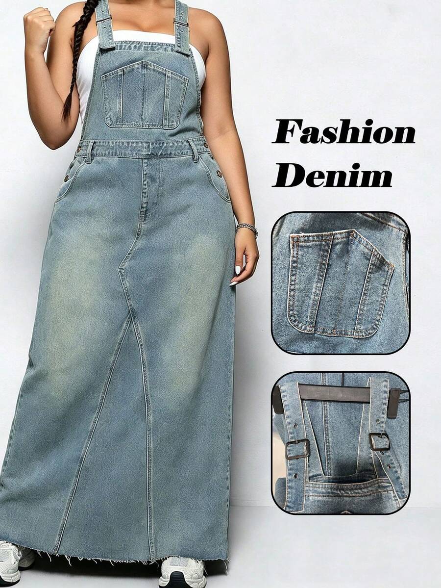 Women's Plus Size Denim Overall Dress Adjustable Shoulder Straps Frayed Hem Design Loose Fit Oversized Long Dress Casual Elegant Outfit Daily - 海藍色 - 查看 1