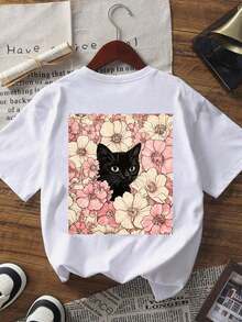 New Minimalist And  Summer Blouse With A Floral And Black Cat Print, Featuring A Round Neck, Short Sleeves, And A White Color. A Versatile And Elegant Blouse For Women. - 黑色 - 查看 2