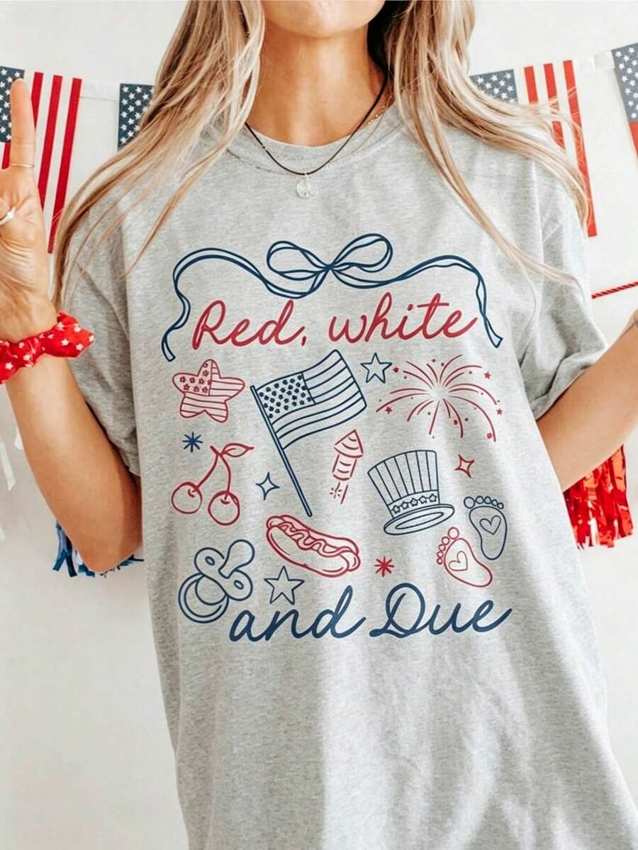 Soft Cotton T-Shirt For Women, Red White And Due Shirt, 4th Of July Pregnancy Reveal Shirt, Summer Pregnancy Announcement Tee, Expecting Mom To Be T-S - 灰色 - 查看 1