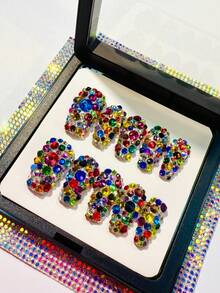 Premium Handmade Medium Square 3D Crystal Rhinestone Press On Nails, Full Cover Multicolor Bling Nail Art Set, Festival And Party Looks, Valentines Day Nails Summer - 許多 - 查看 12