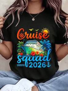 Women's Cruise Squad 2026 T-Shirt With Ship, Palm Tree, Sun And Flower Print, Round Neck, Regular Fit, Ideal For Holidays, Travel, Gift, World Travel 2026, 220g, 100% Cotton - 黑色 - 查看 1