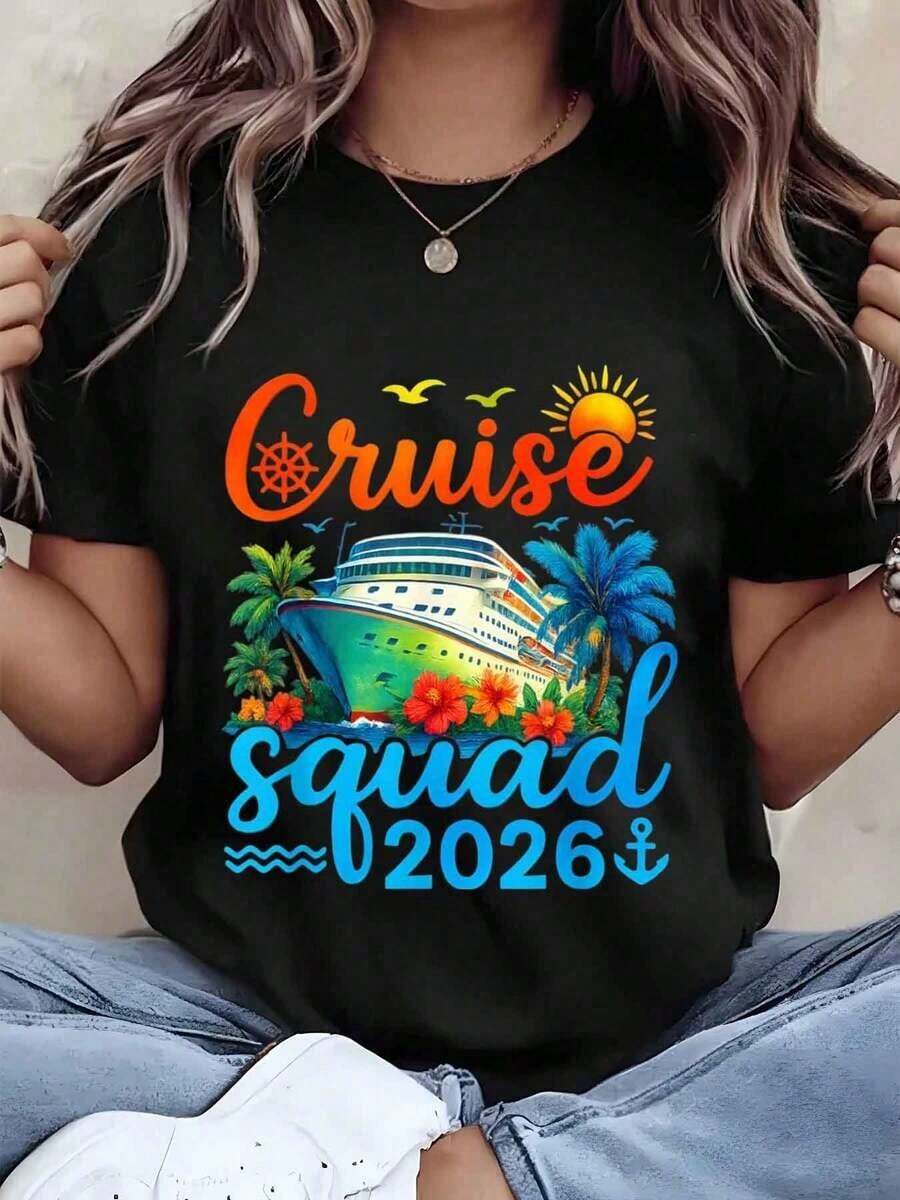 Women's Cruise Squad 2026 T-Shirt With Ship, Palm Tree, Sun And Flower Print, Round Neck, Regular Fit, Ideal For Holidays, Travel, Gift, World Travel 2026, 220g, 100% Cotton - 黑色 - 查看 1